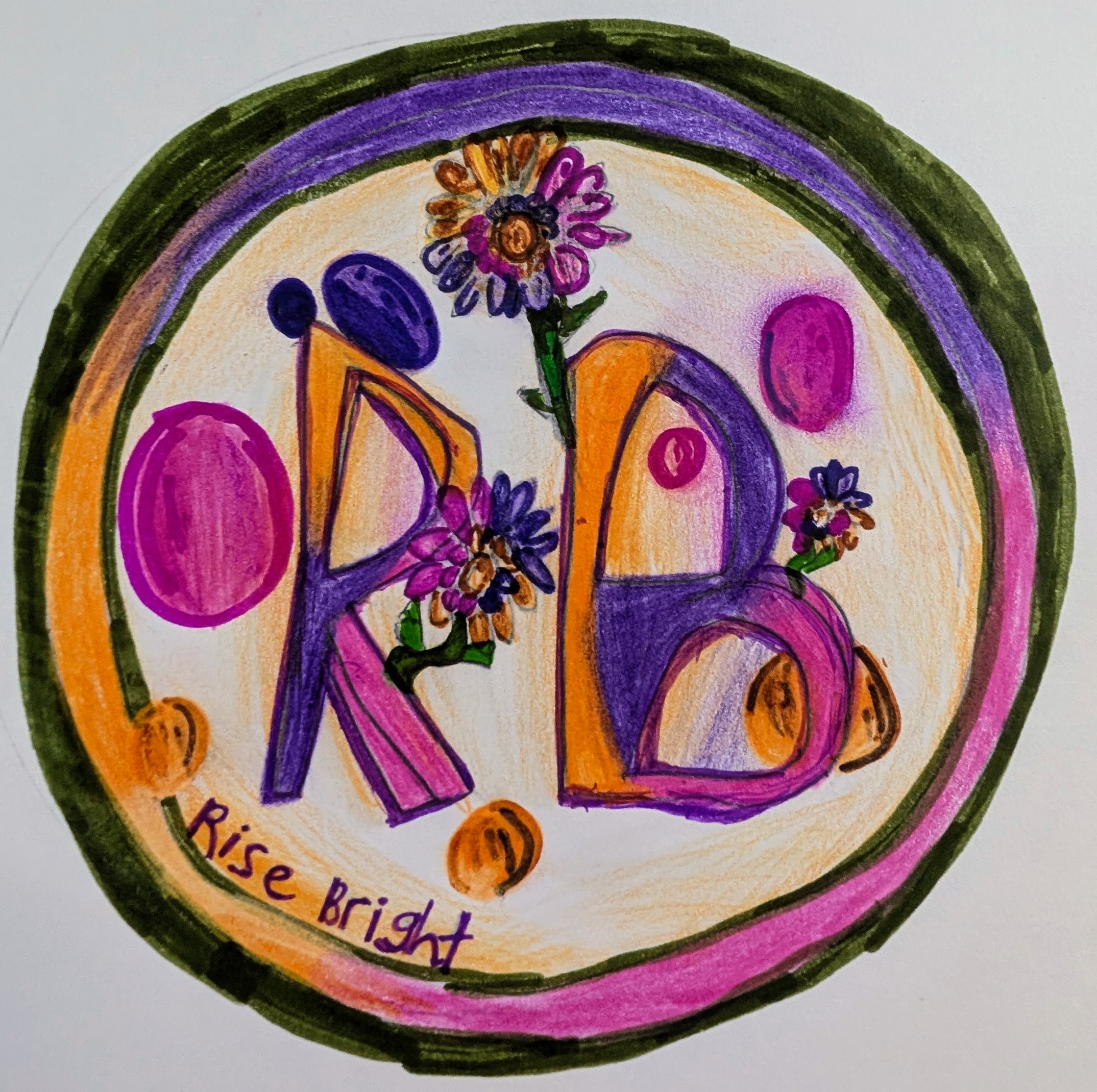 Hand-drawn Rise Bright logo by the founder's child, colourful circular design with RB letters, flowers, and warm colours